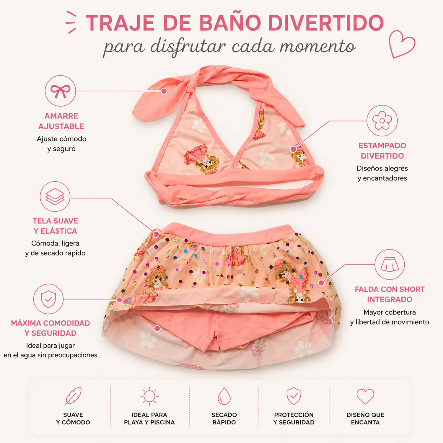 Traje de Baño Niña 2 Piezas Rosado con Falda Talla S 2
