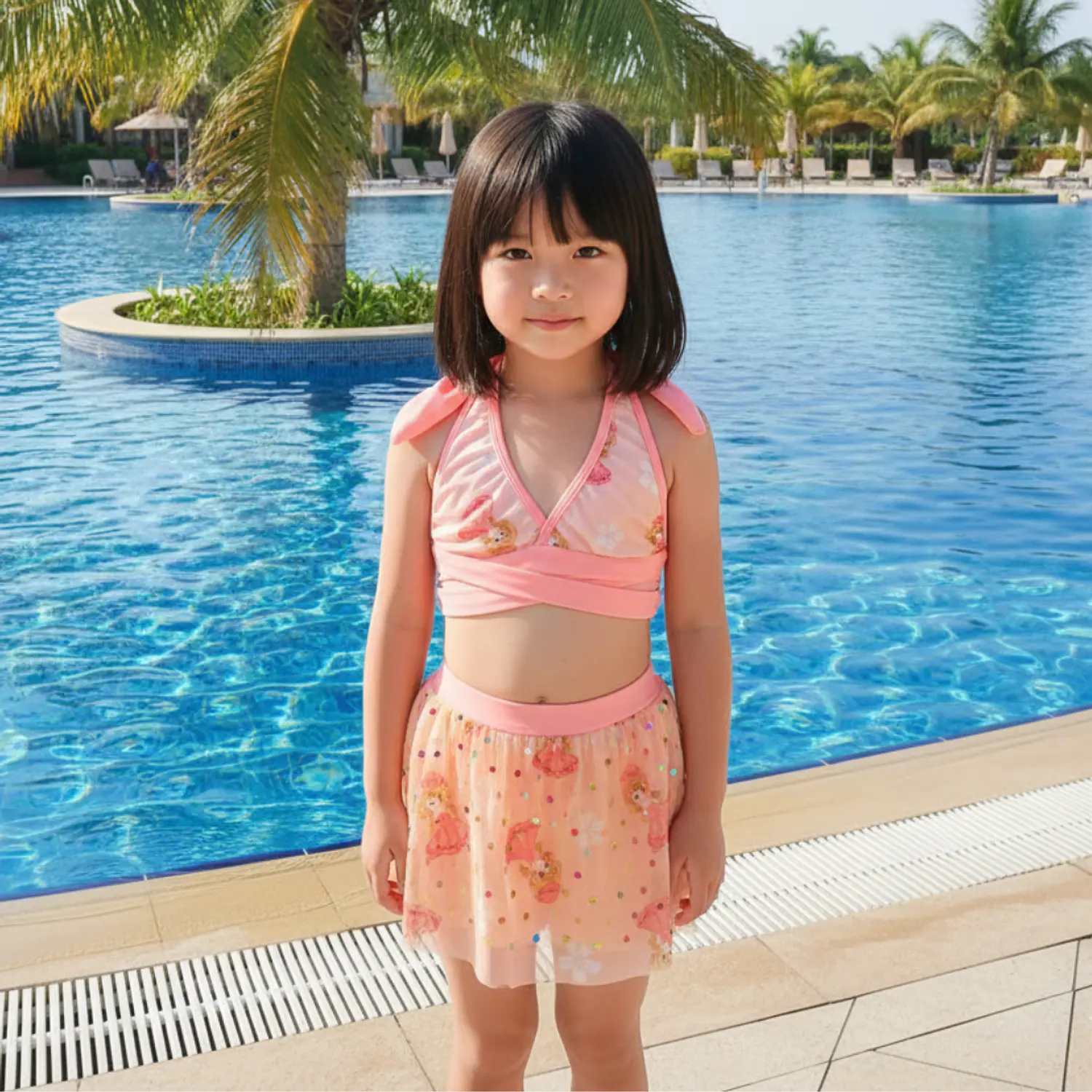 Traje de Baño Niña 2 Piezas Rosado con Falda Talla S 1