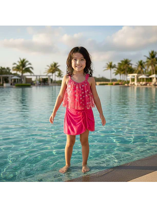 Traje de Baño Niña 2 Piezas Fucsia con Tul y Brillos