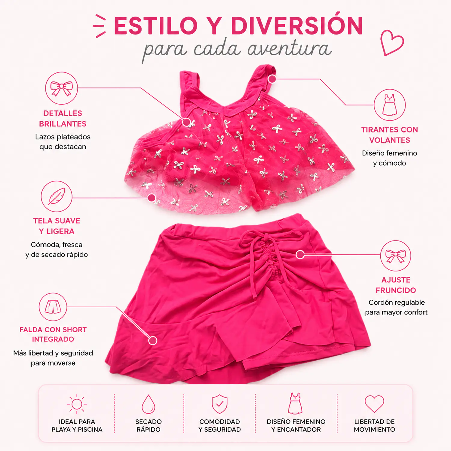 Traje de Baño Niña 2 Piezas Fucsia con Tul y Brillos 3