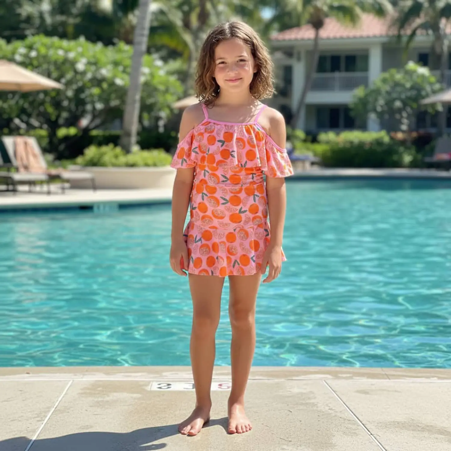 Traje de Baño Niña con Falda y Short Estampado Naranjas 1