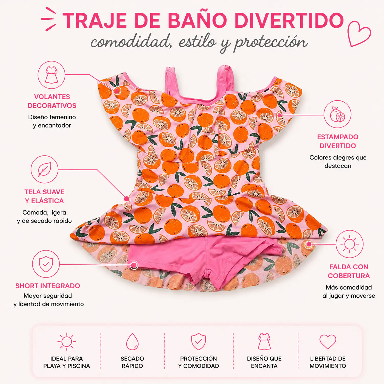 Traje de Baño Niña con Falda y Short Estampado Naranjas 3