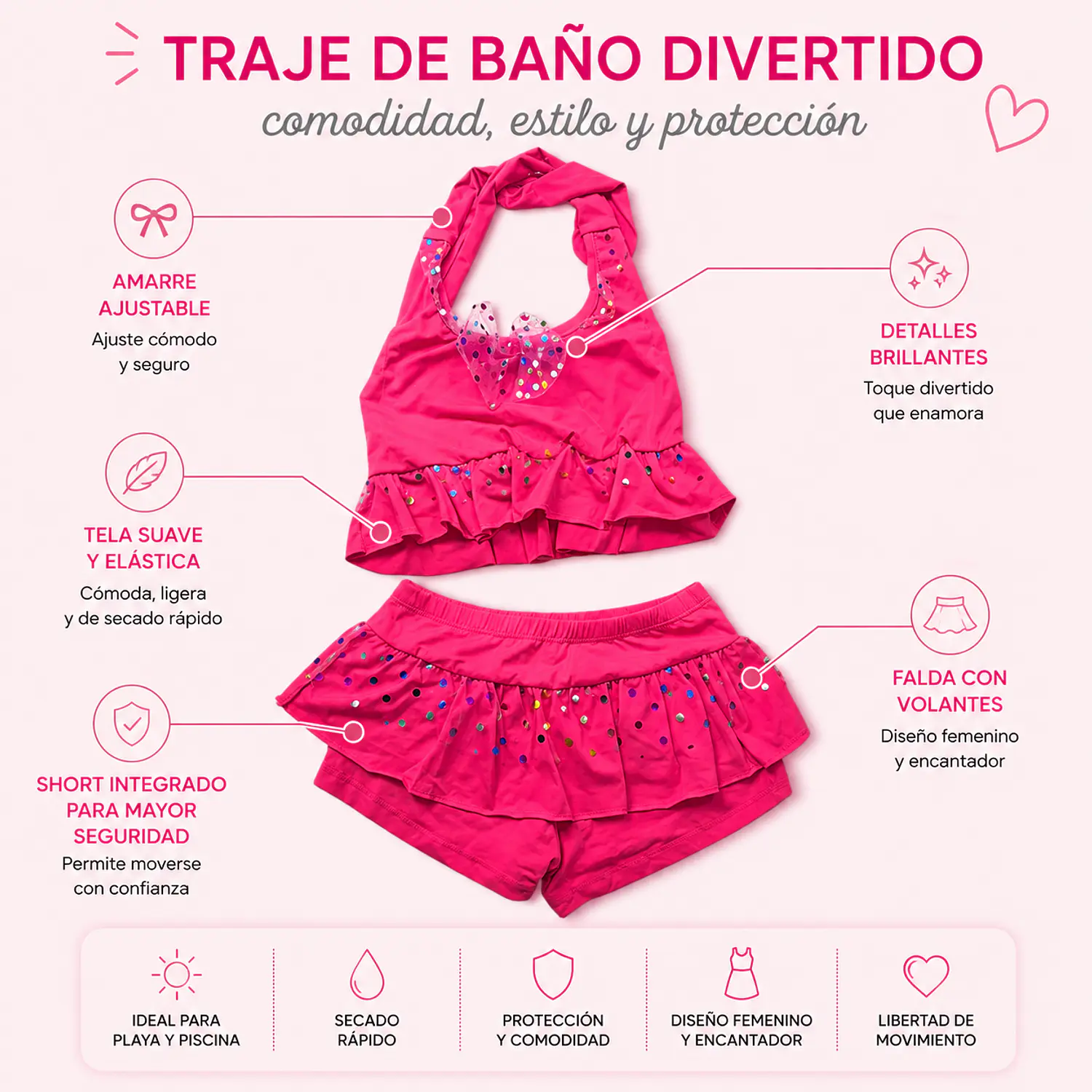 Traje de Baño para Niñas con Short Fucsia Brillante 2