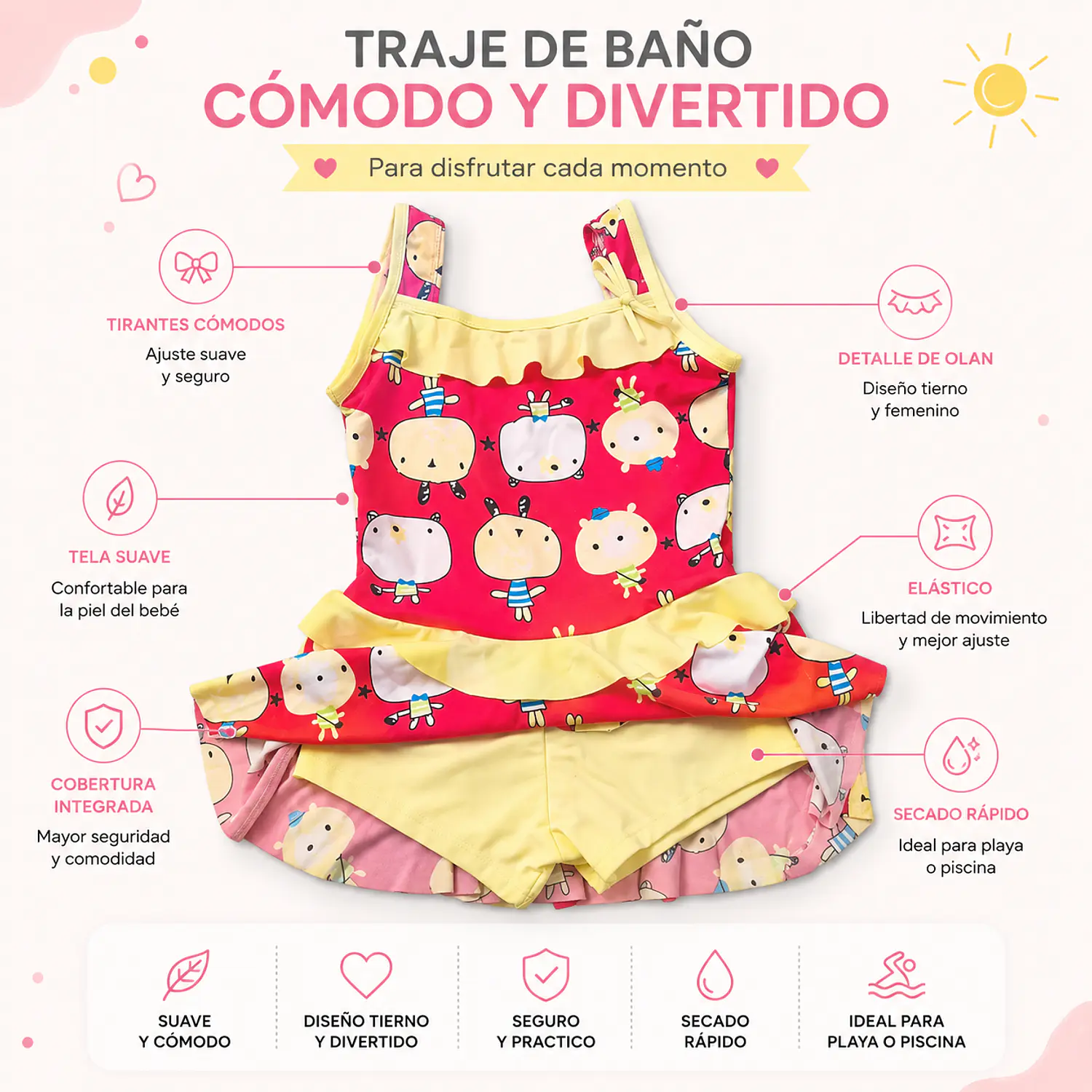 Traje de Baño Niña 1 Pieza con Short Rojo Infantil 2