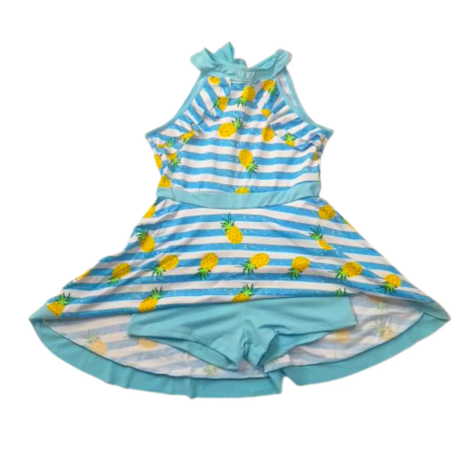 Traje de Baño Vestido para Niña Azul y Piñas con Short  4