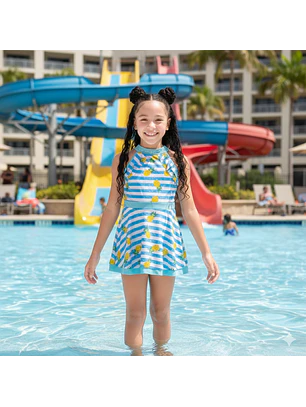 Traje de Baño Vestido para Niña Azul y Piñas con Short 