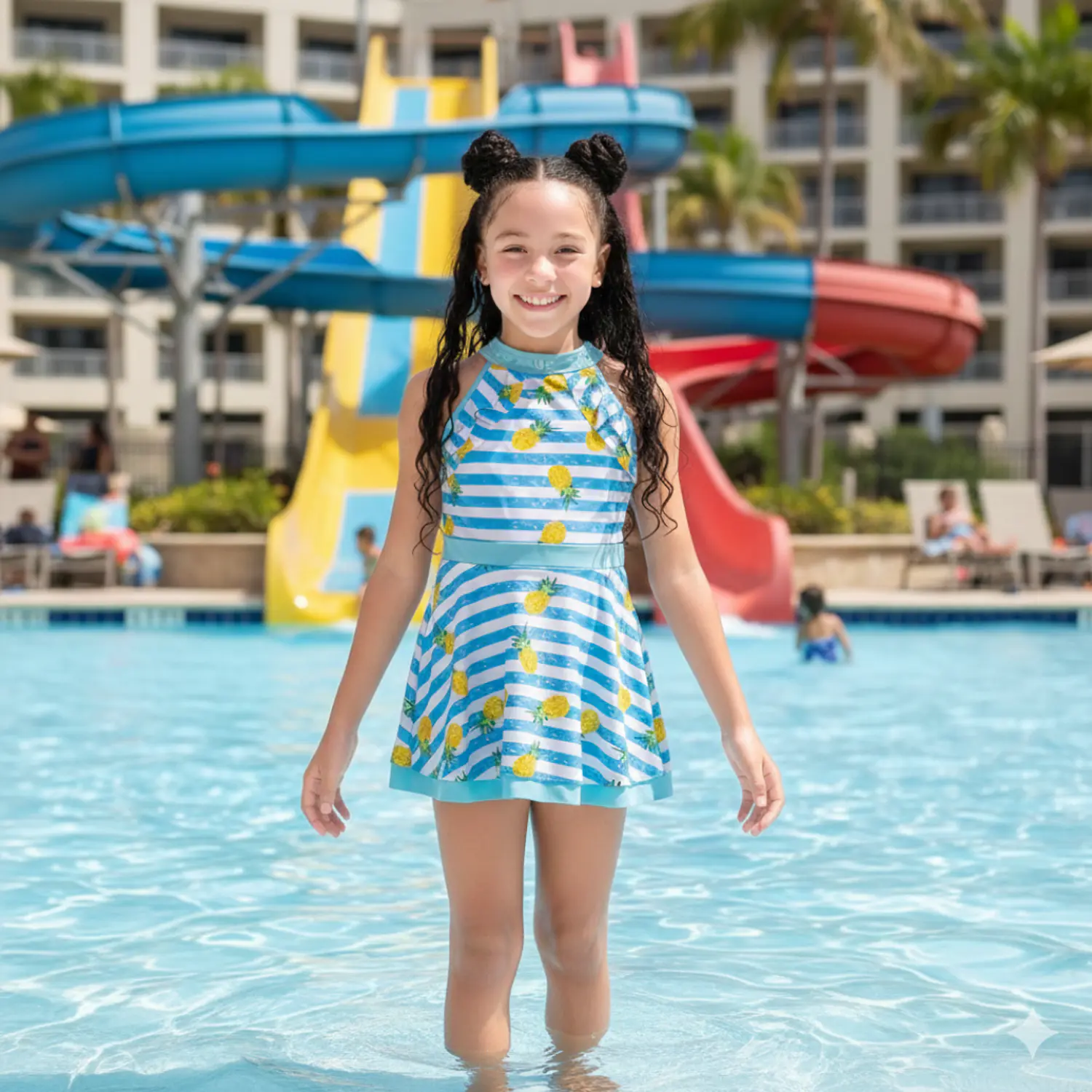 Traje de Baño Vestido para Niña Azul y Piñas con Short  1