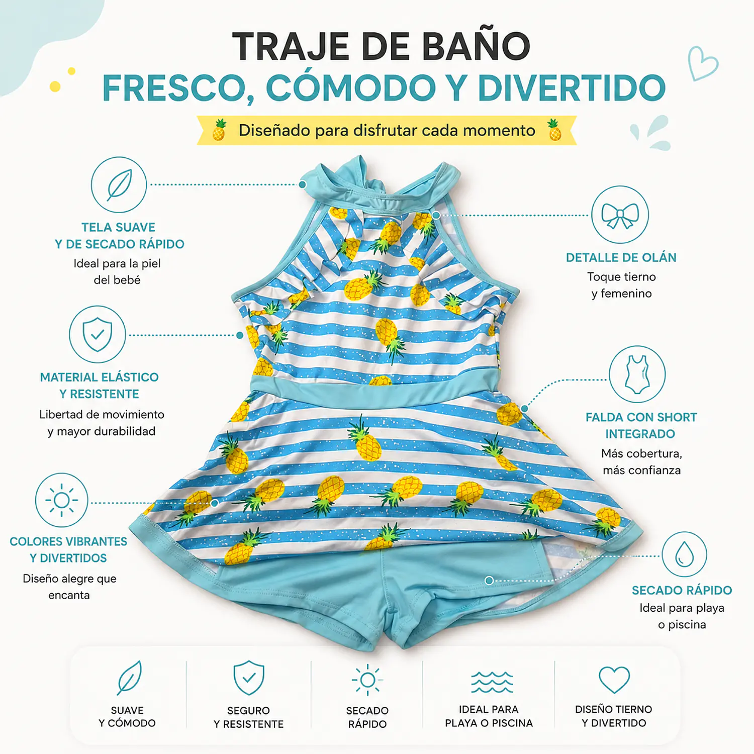 Traje de Baño Vestido para Niña Azul y Piñas con Short  3