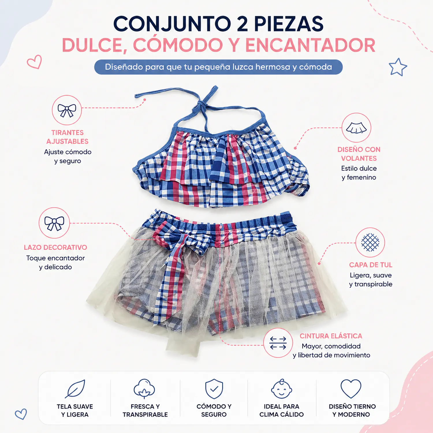 Traje de Baño para Niñas con Short y Falda Cuadros 3