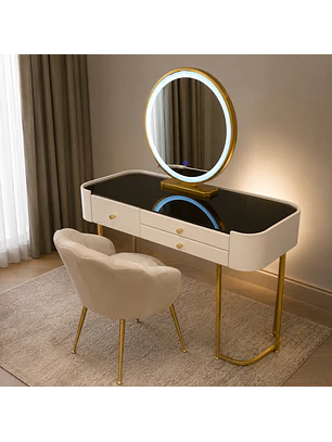 Tocador LED Moderno con Cubierta Negra y Silla de Felpa
