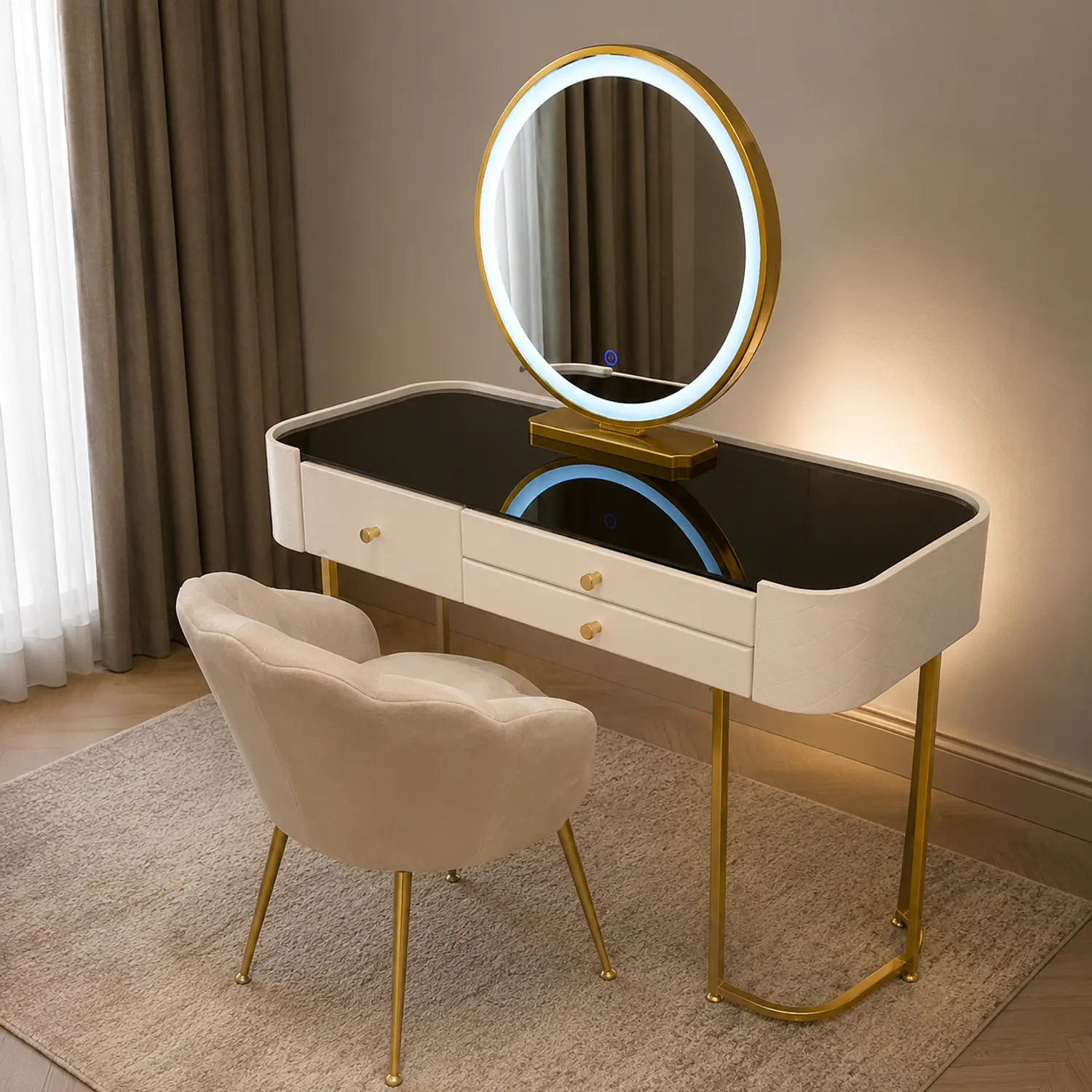 Tocador LED Moderno con Cubierta Negra y Silla de Felpa 1