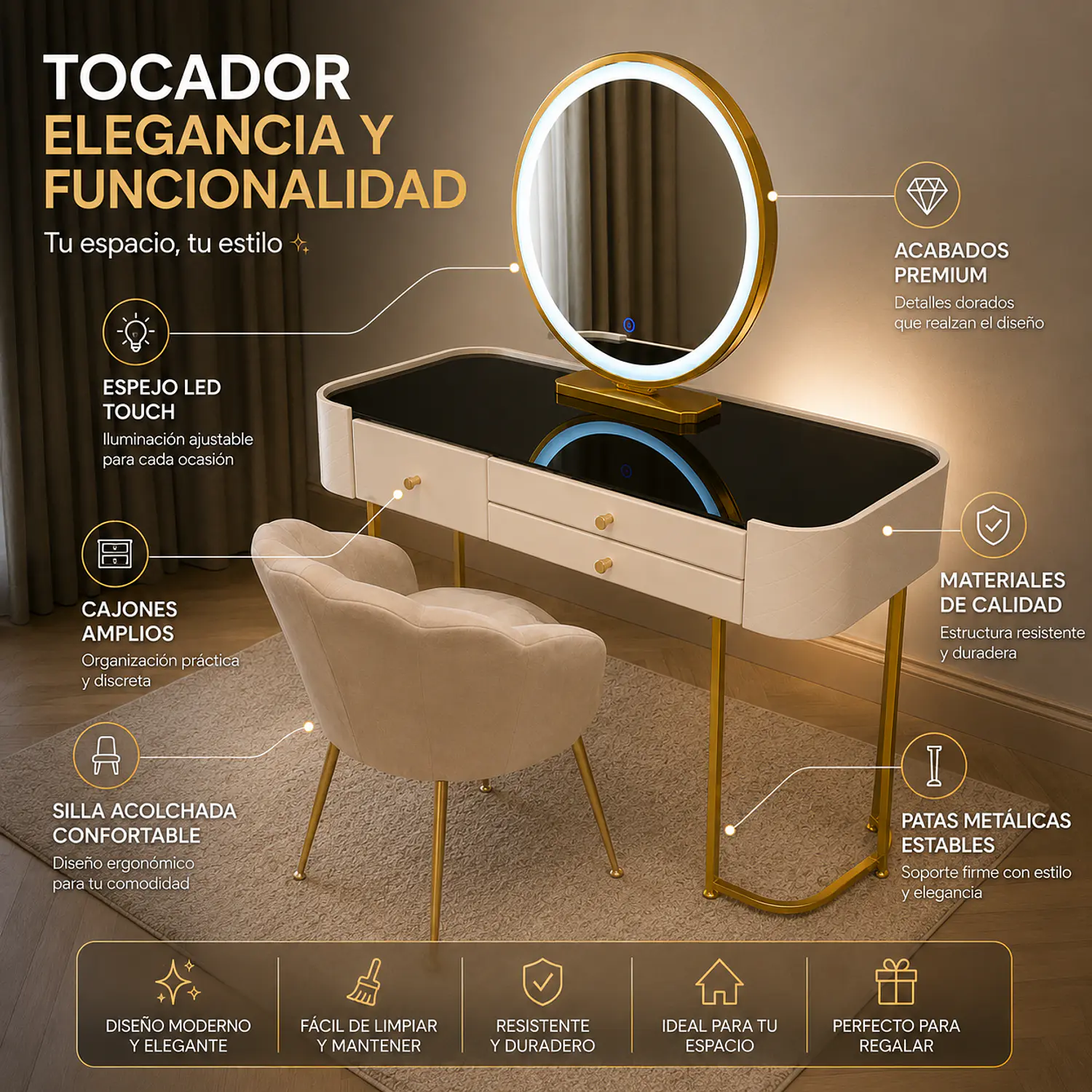 Tocador LED Moderno con Cubierta Negra y Silla de Felpa 2