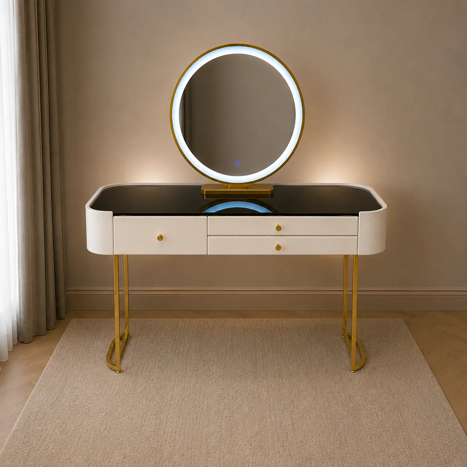 Tocador LED Moderno con Cubierta Negra y Silla de Felpa 3