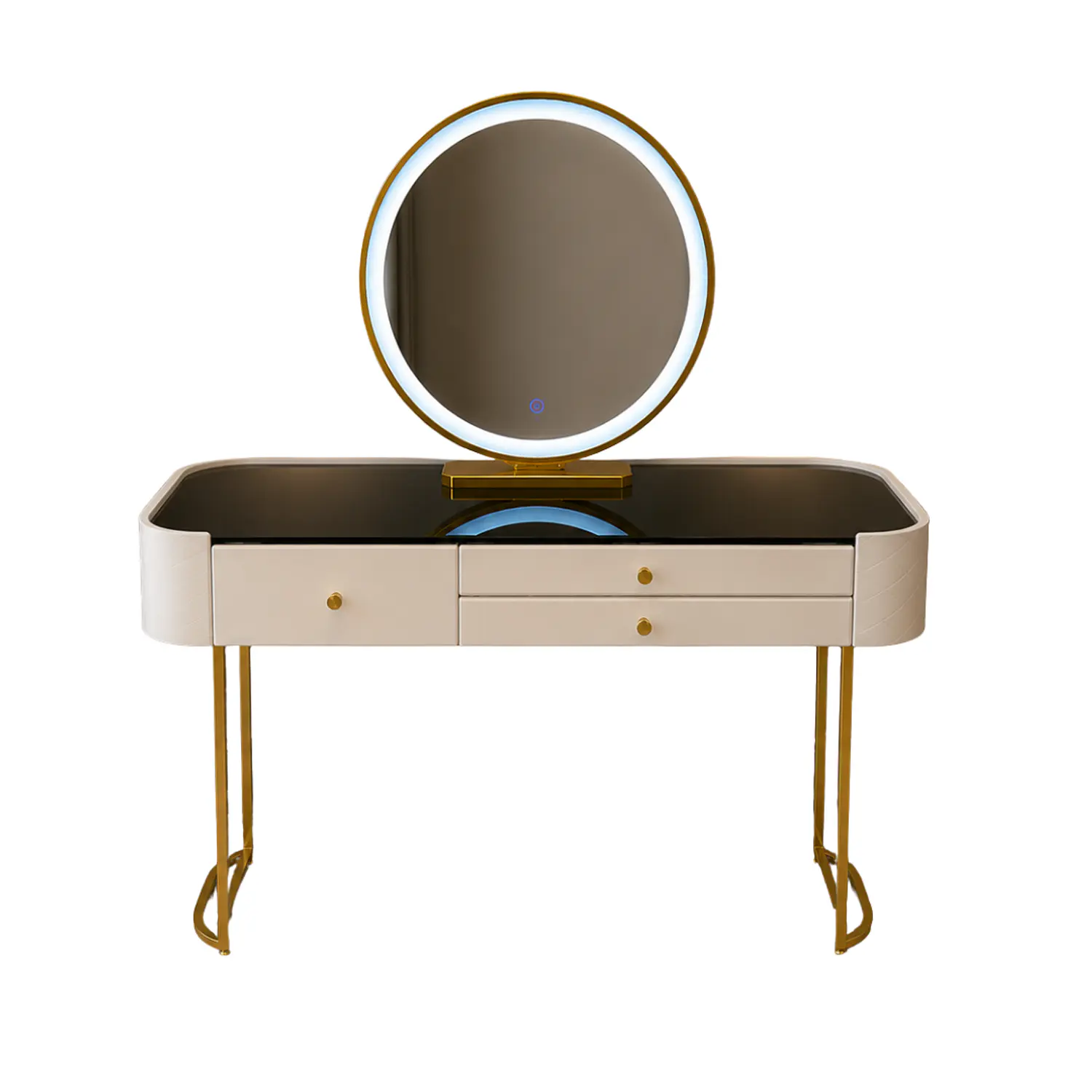 Tocador LED Moderno con Cubierta Negra y Silla de Felpa 4