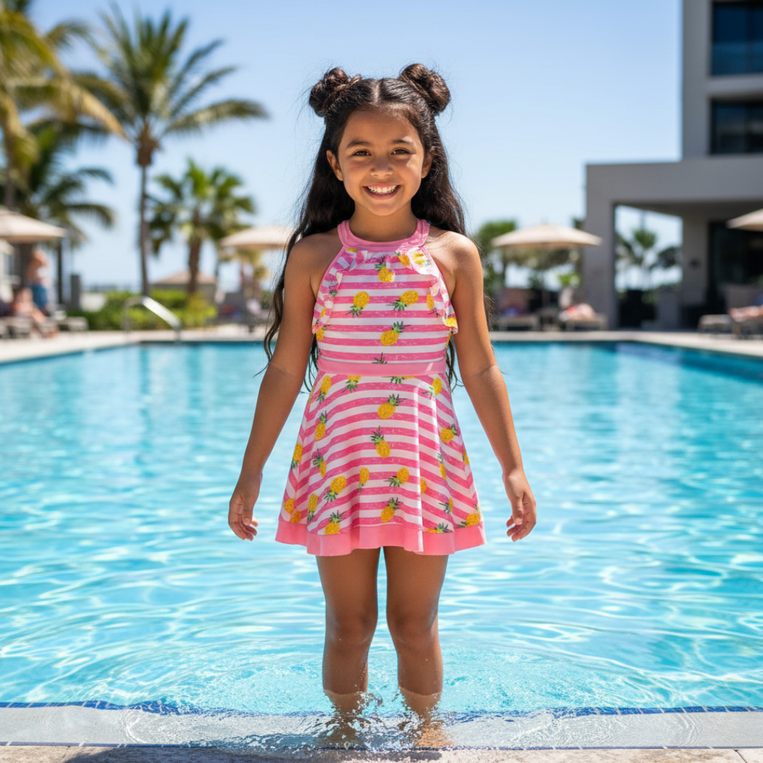 Traje de Baño Vestido para Niñas Rosado con Short