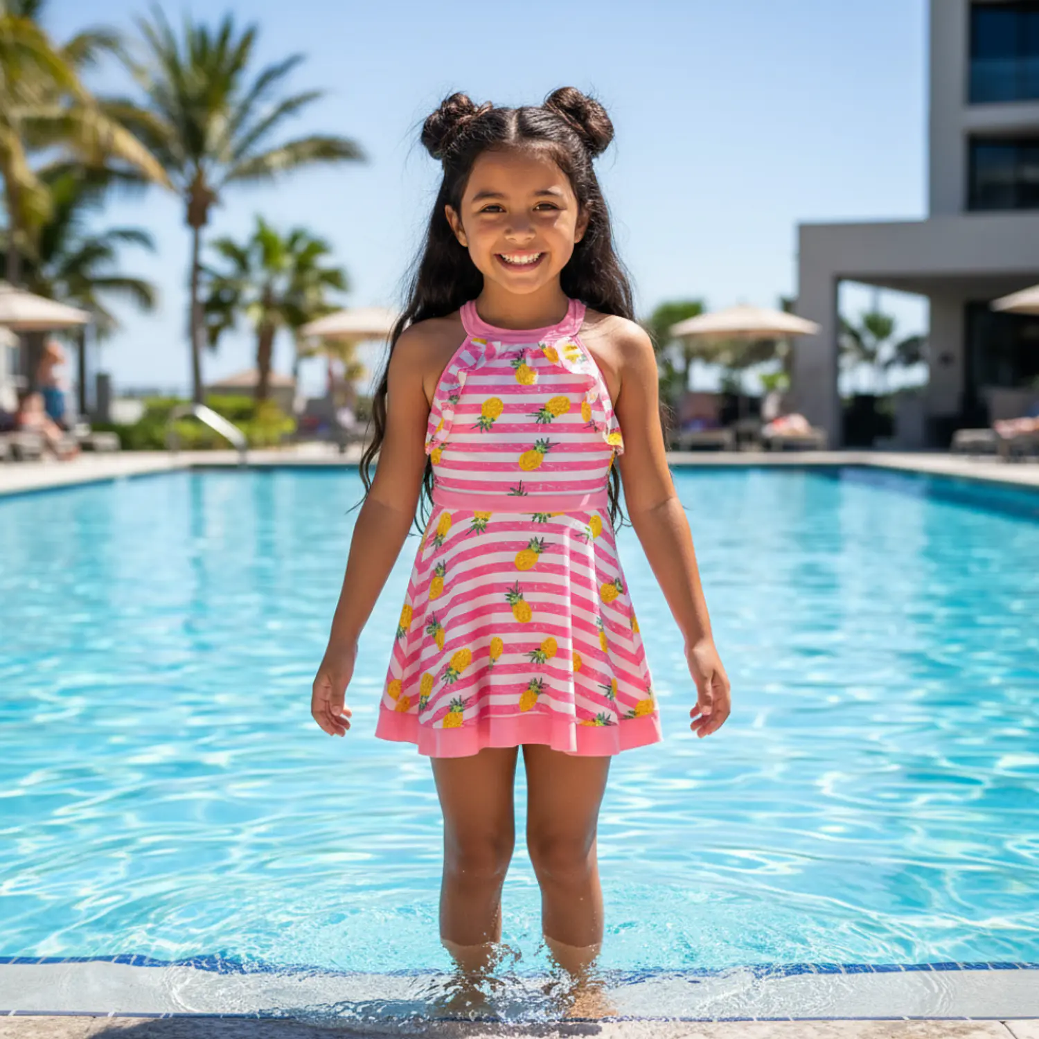 Traje de Baño Vestido para Niñas Rosado con Short 1