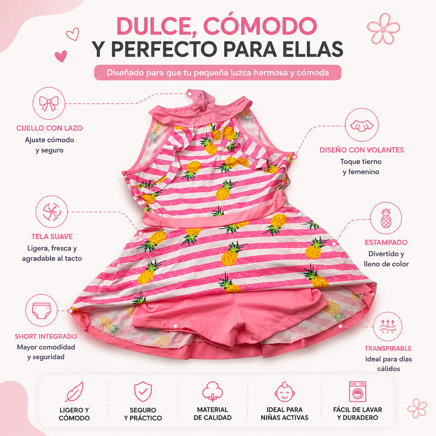 Traje de Baño Vestido para Niñas Rosado con Short 3