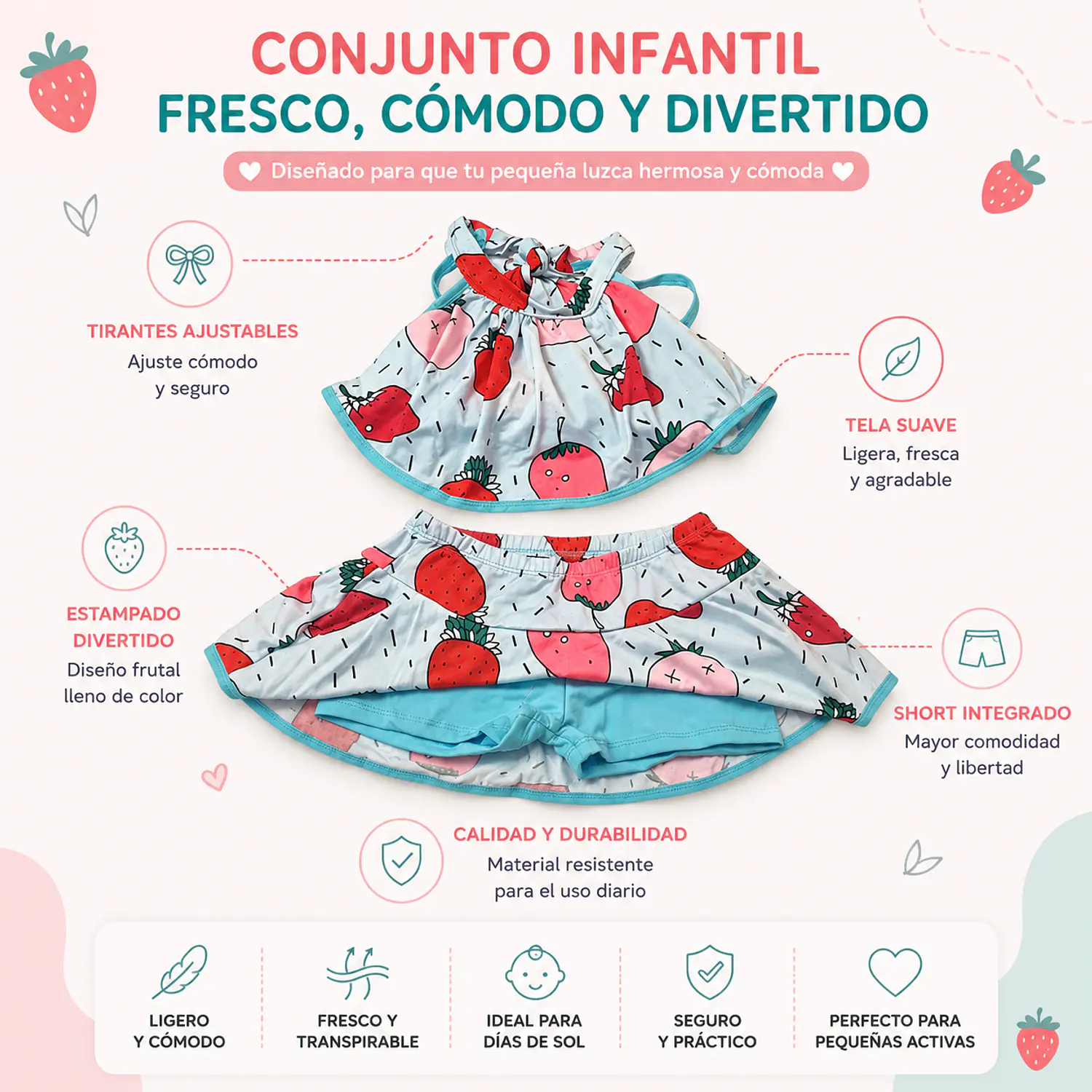 Traje de Baño Niña 2 Piezas Azul con Short y Falda M 3
