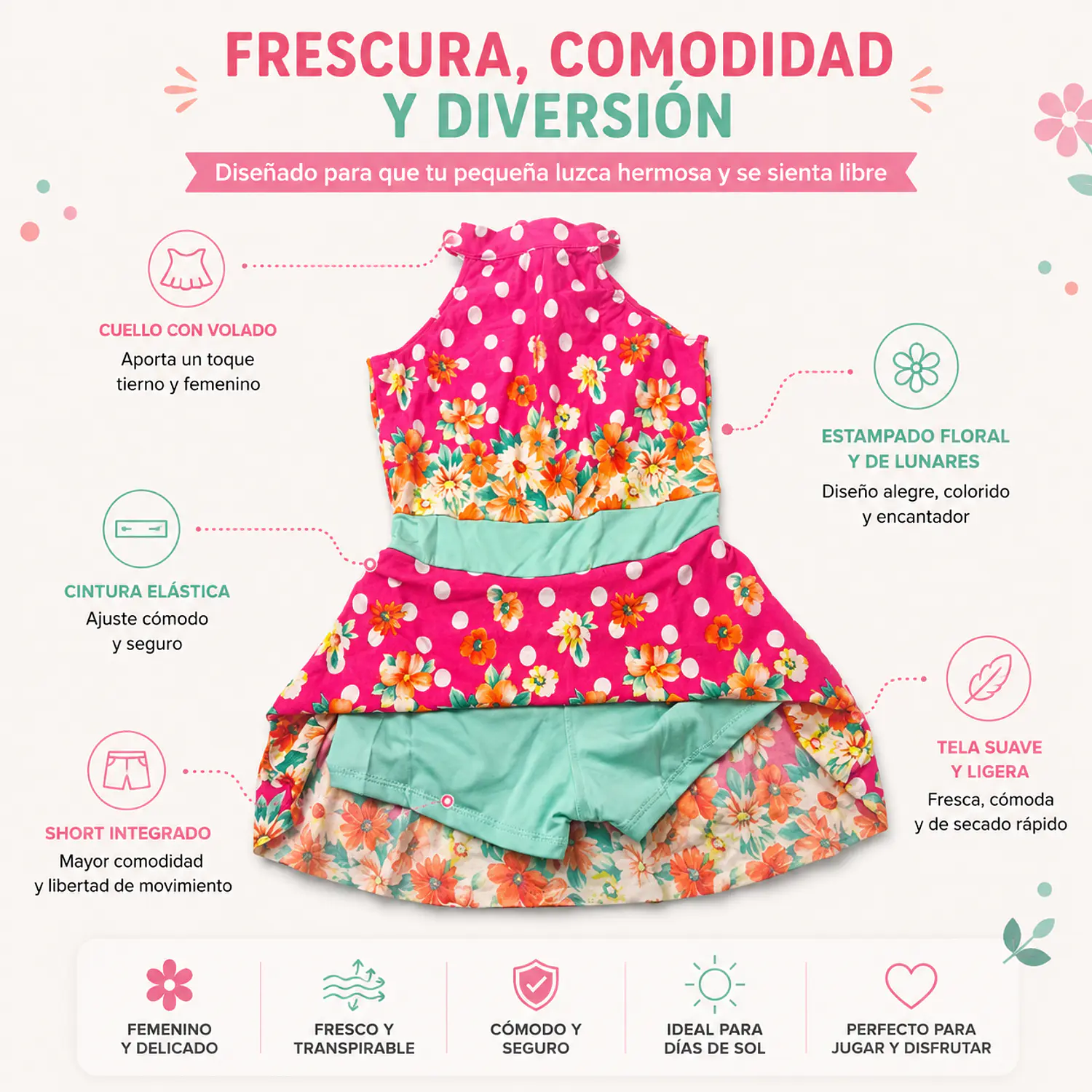 Traje de Baño Infantil Vestido Rosa Floral con Short Talla L 2
