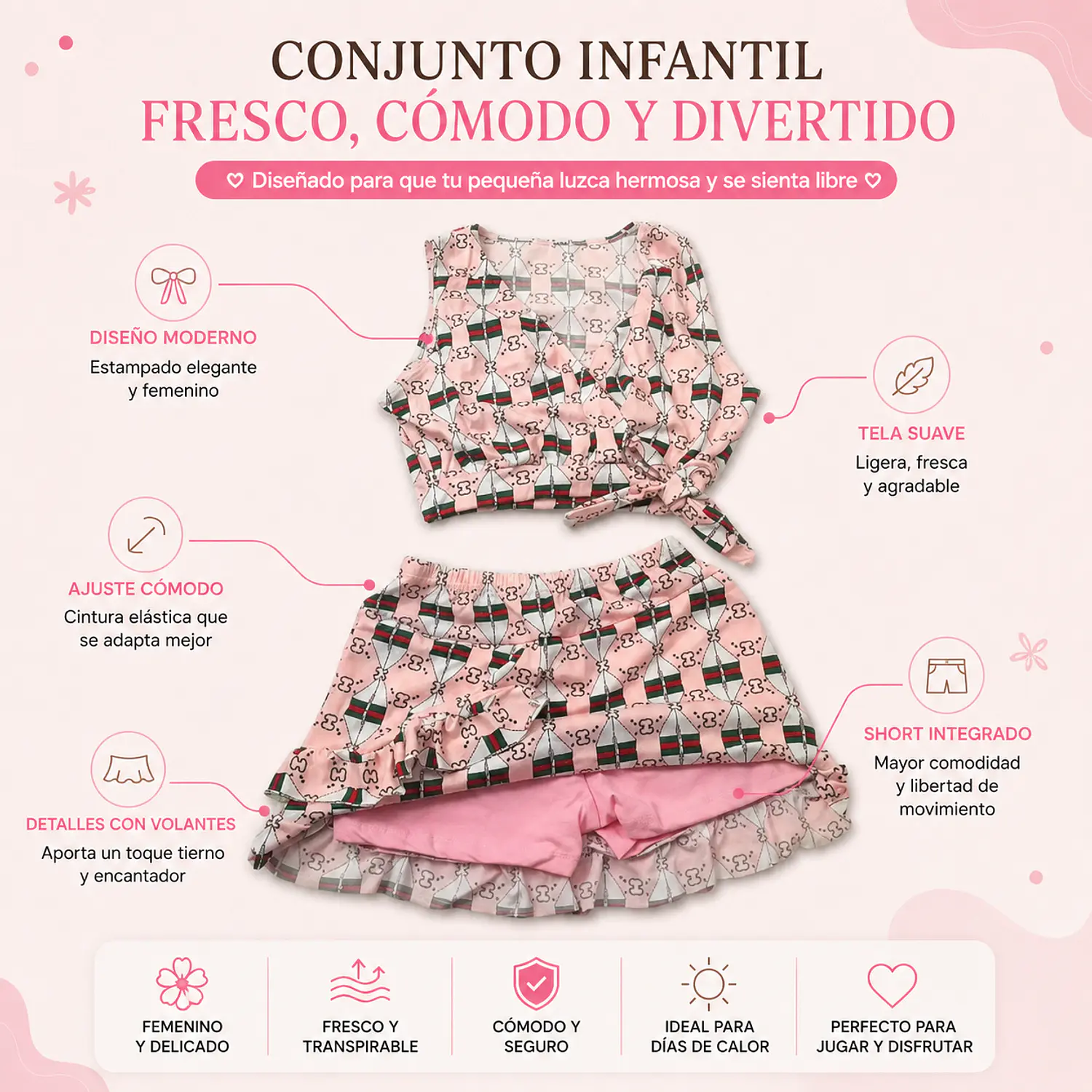 Traje de Baño para Niñas 2 Piezas con Short Rosado 3