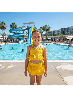 Traje de Baño para Niñas Amarillo con Short y Volantes
