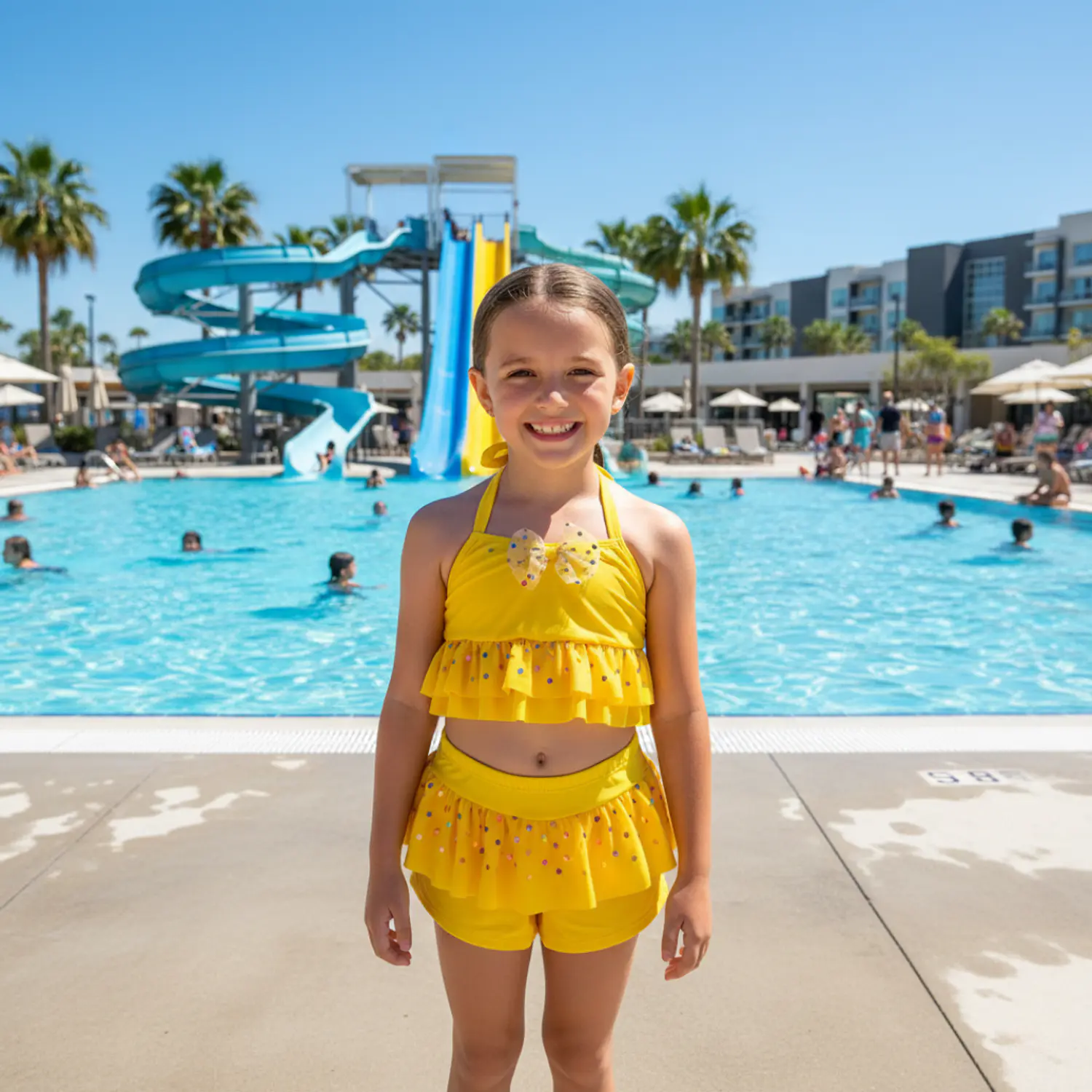Traje de Baño para Niñas Amarillo con Short y Volantes 1