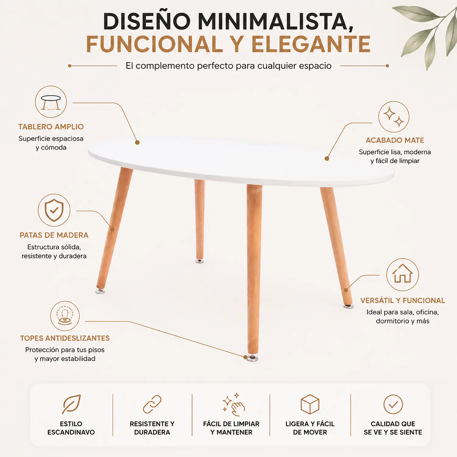 Mesa de Centro Ovalada Blanca con Patas de Madera 100x50cm 3