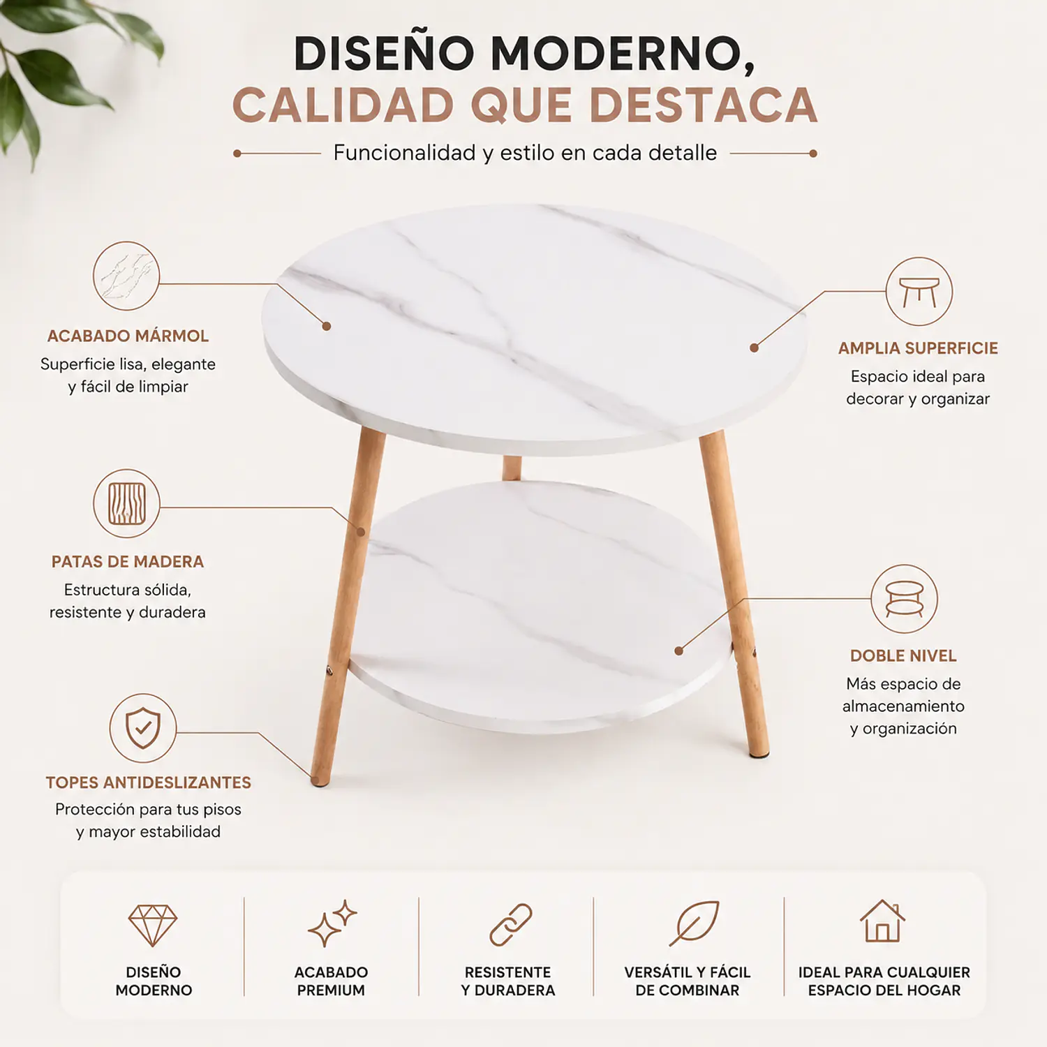 Mesa de Centro Nórdica de Dos Niveles con Efecto Mármol Blanco y Patas de Madera 3