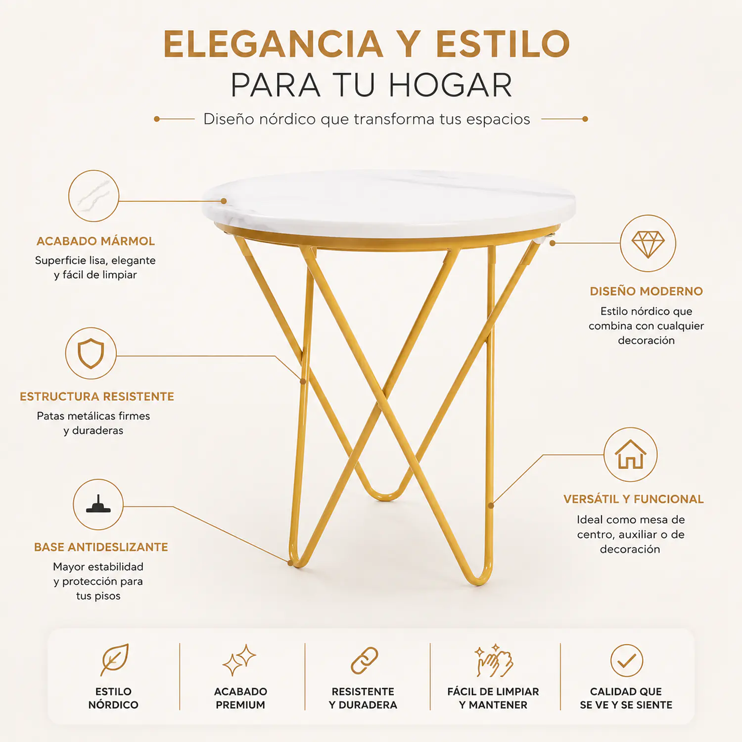 Mesa de Centro Redonda con Efecto Mármol Blanco con Patas Doradas Nórdica  3