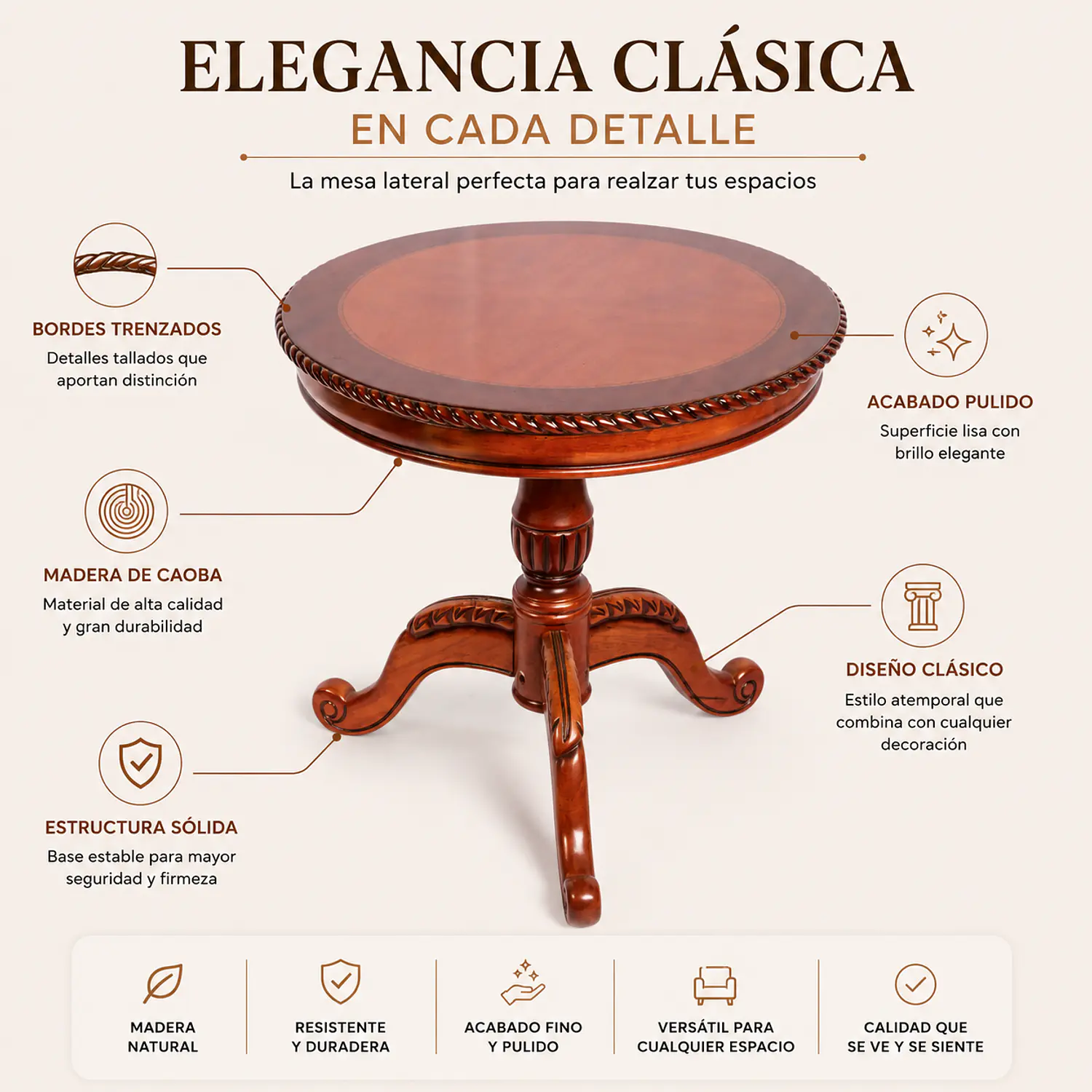 Mesa Lateral Redonda de Madera Caoba con Bordes Trenzados 2