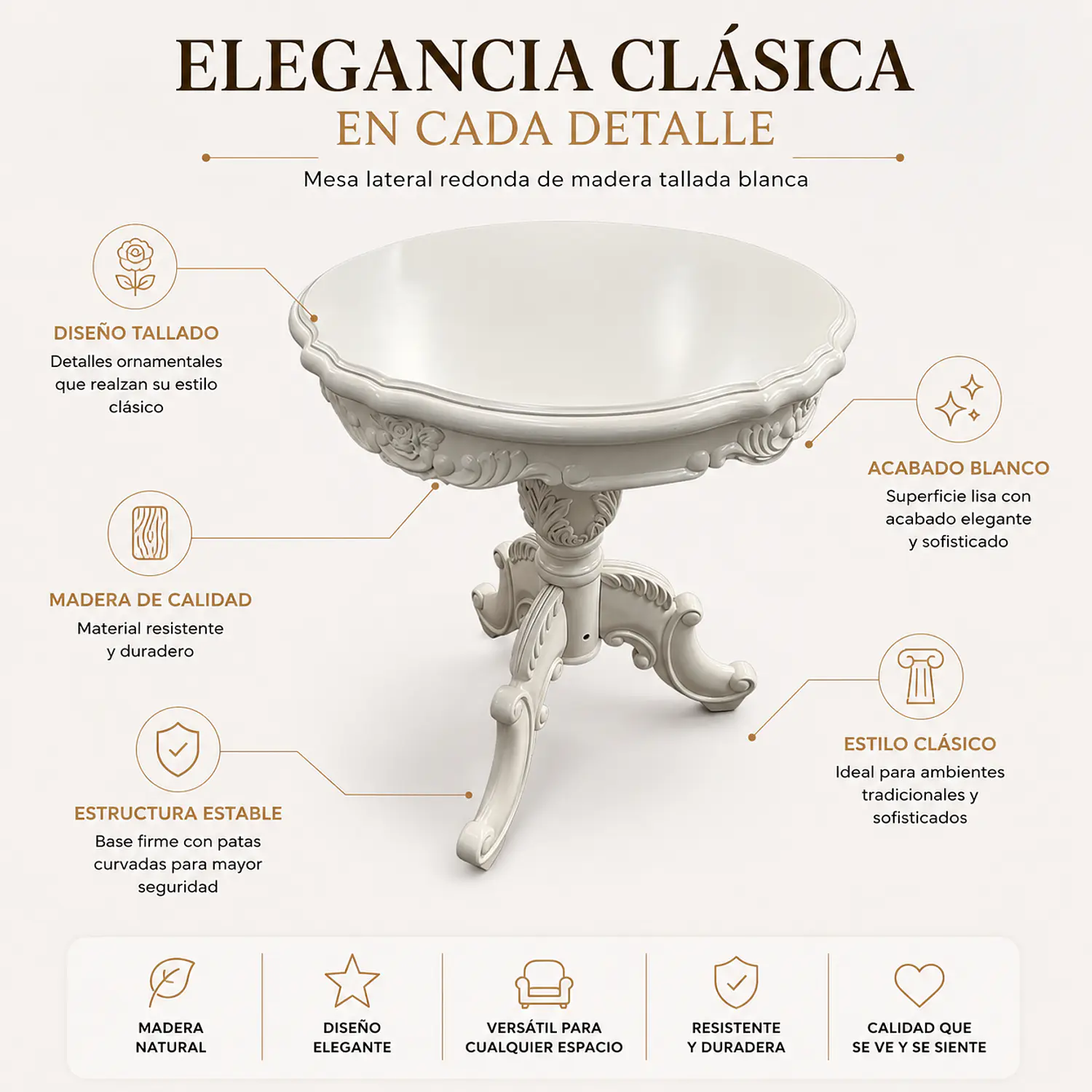Mesa Lateral Redonda de Madera Tallada Blanca Estilo Clásico 70x60 2