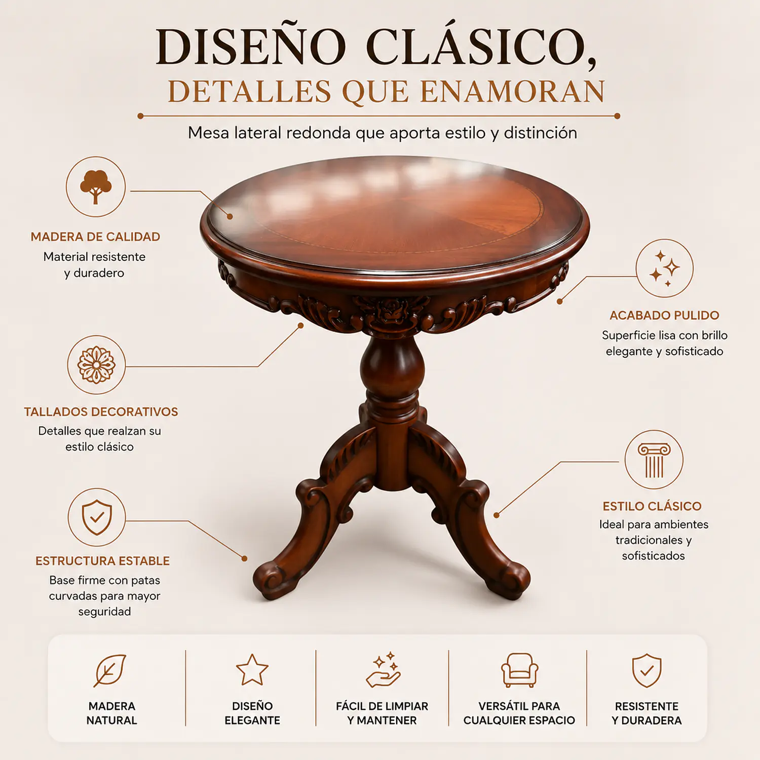 Mesa de Centro Redonda de Madera Caoba Tallada 70x60 2