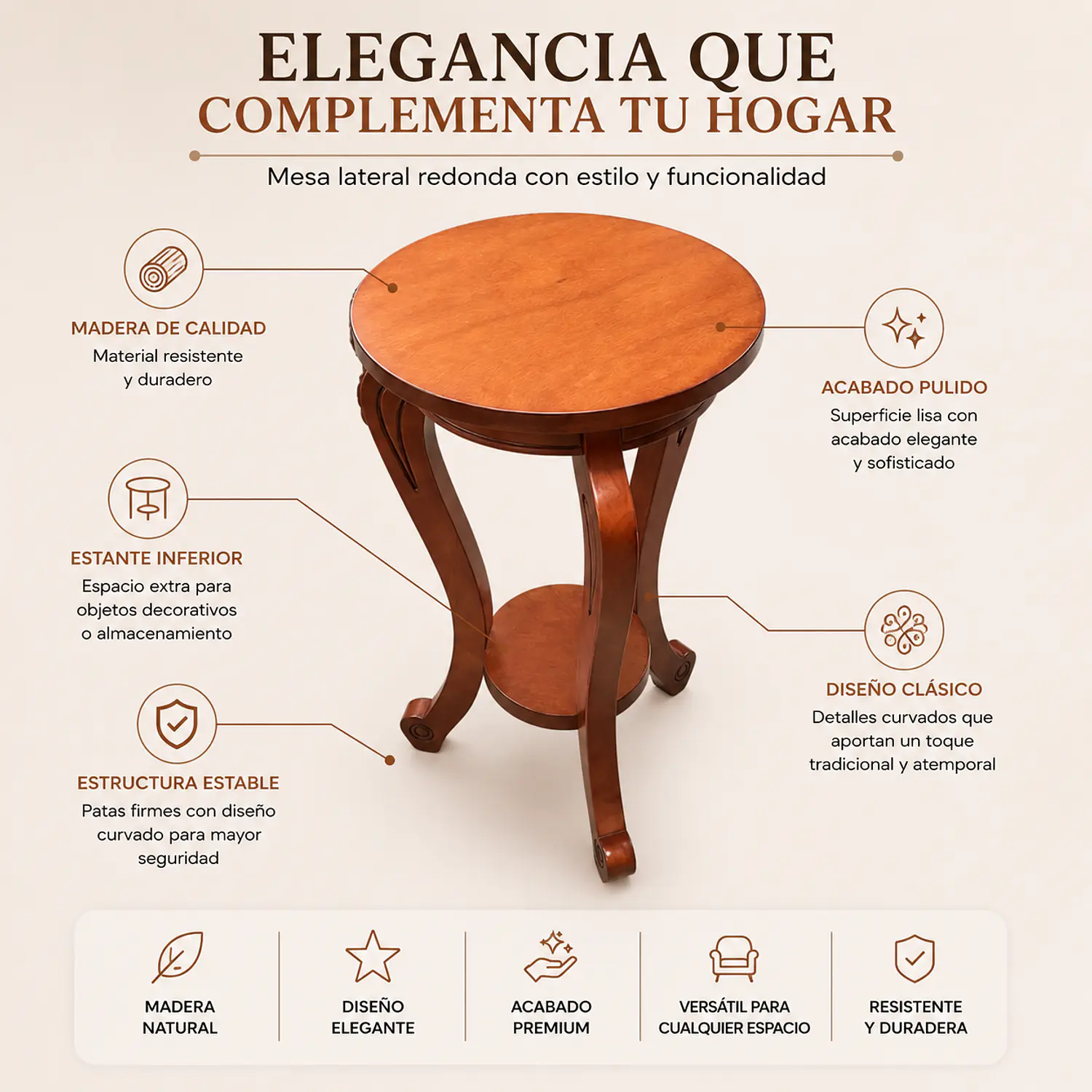 Mesa Lateral Redonda de Madera Color Caoba 2 Niveles 2