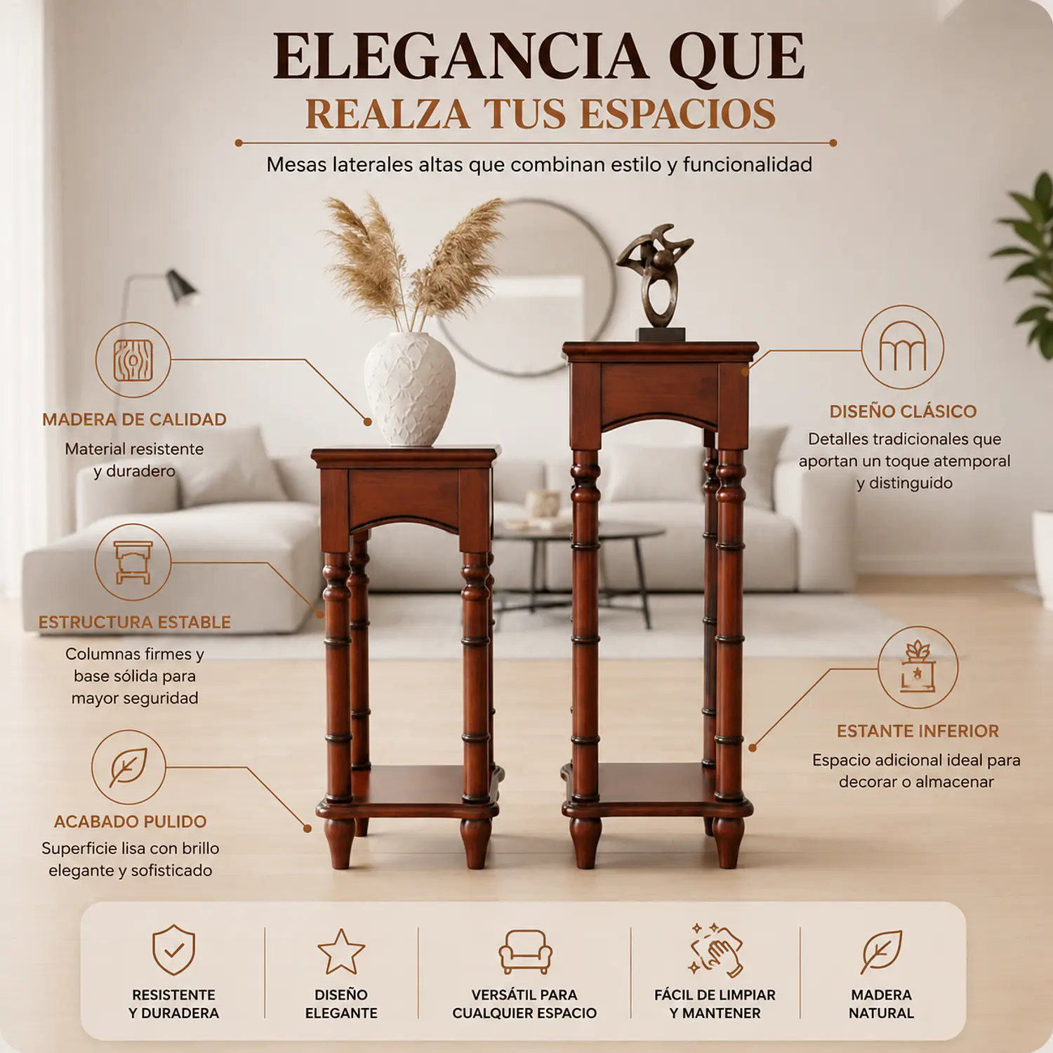 Set de 2 Mesas Auxiliares Altas de Madera Cuadradas 2