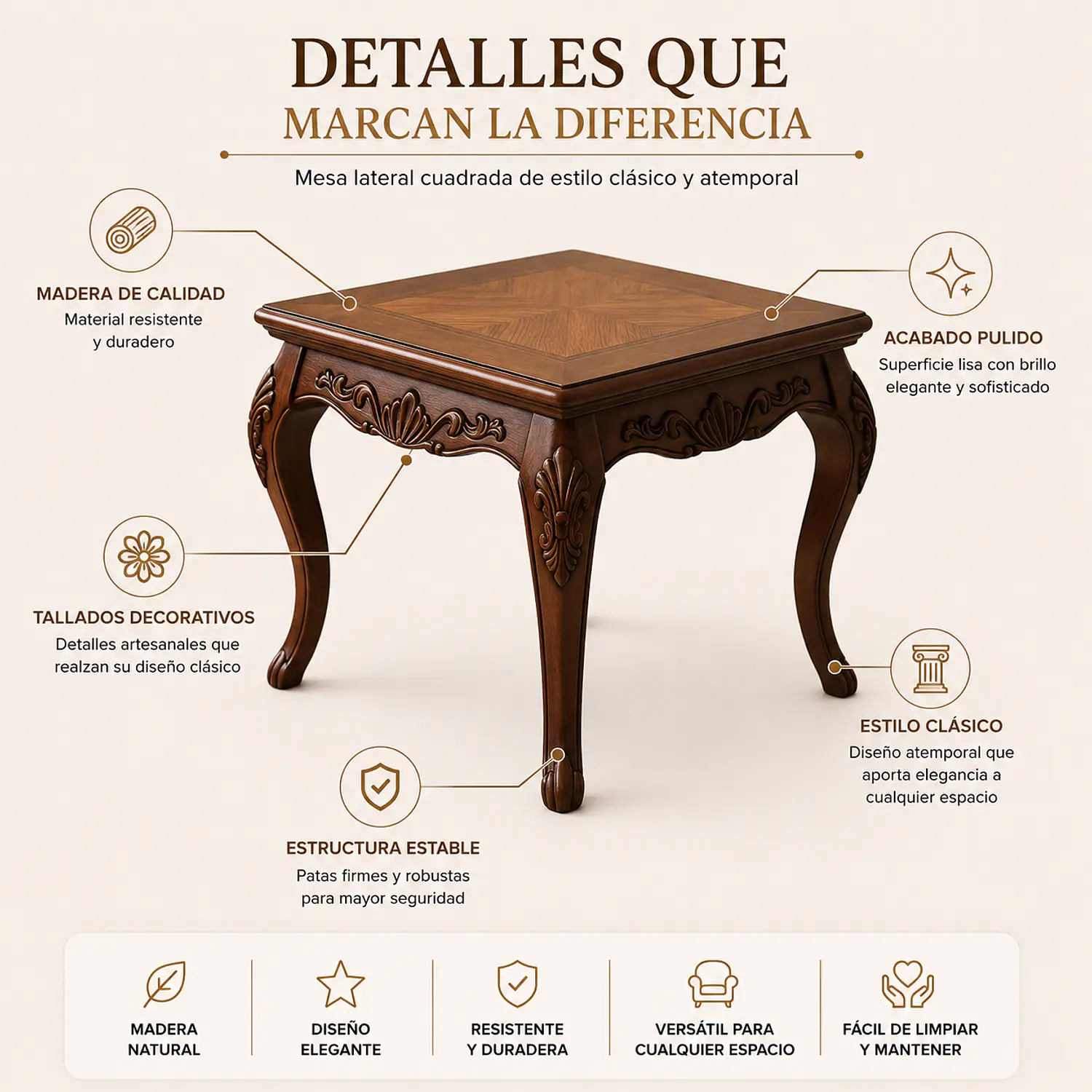 Mesa de Centro Cuadrada de Madera Tallada Color Caoba Clásica Victoriana  2