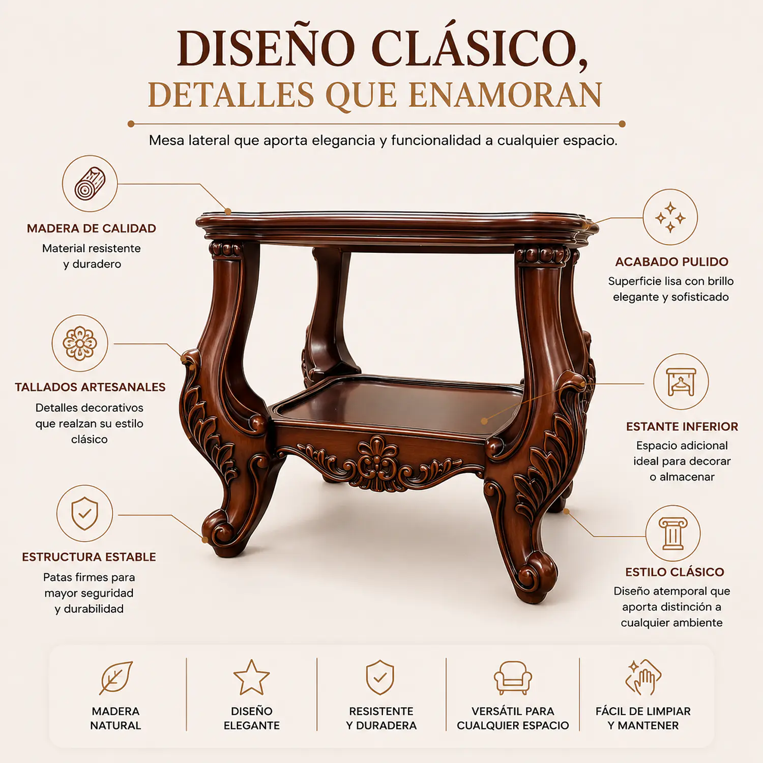 Mesa de Centro Cuadrada de Madera Tallada con Doble Estante Clásica 2