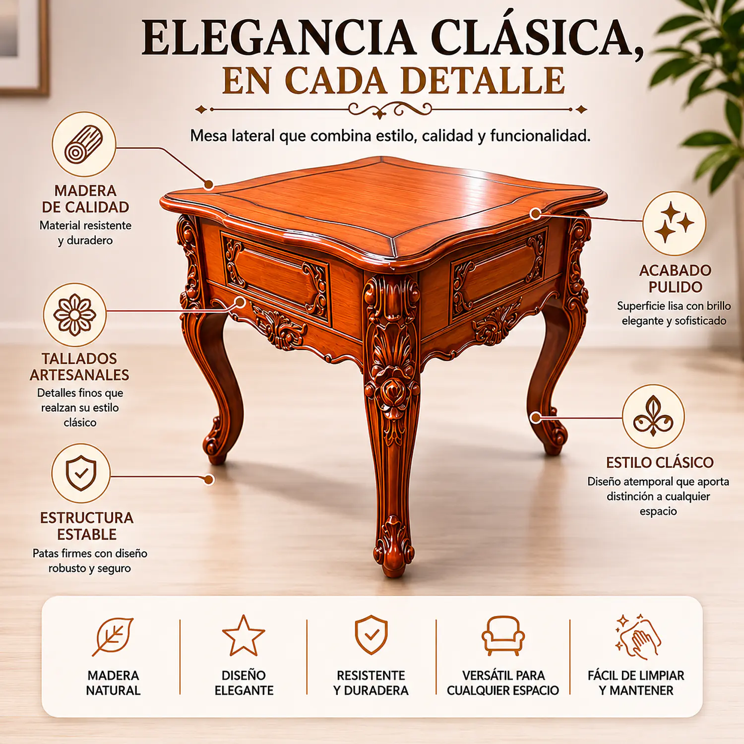 Mesa Lateral Cuadrada de Madera Tallada Clásica con Cajón Decorativo 3