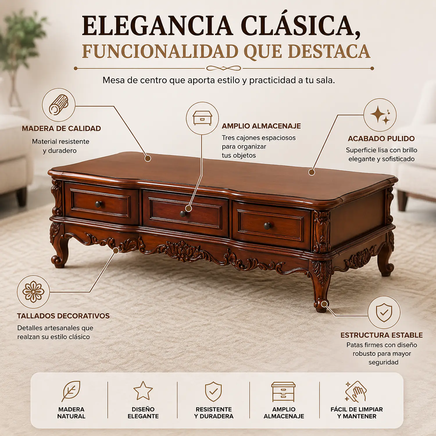 Mesa de Centro Grande de Madera con Almacenamiento  2