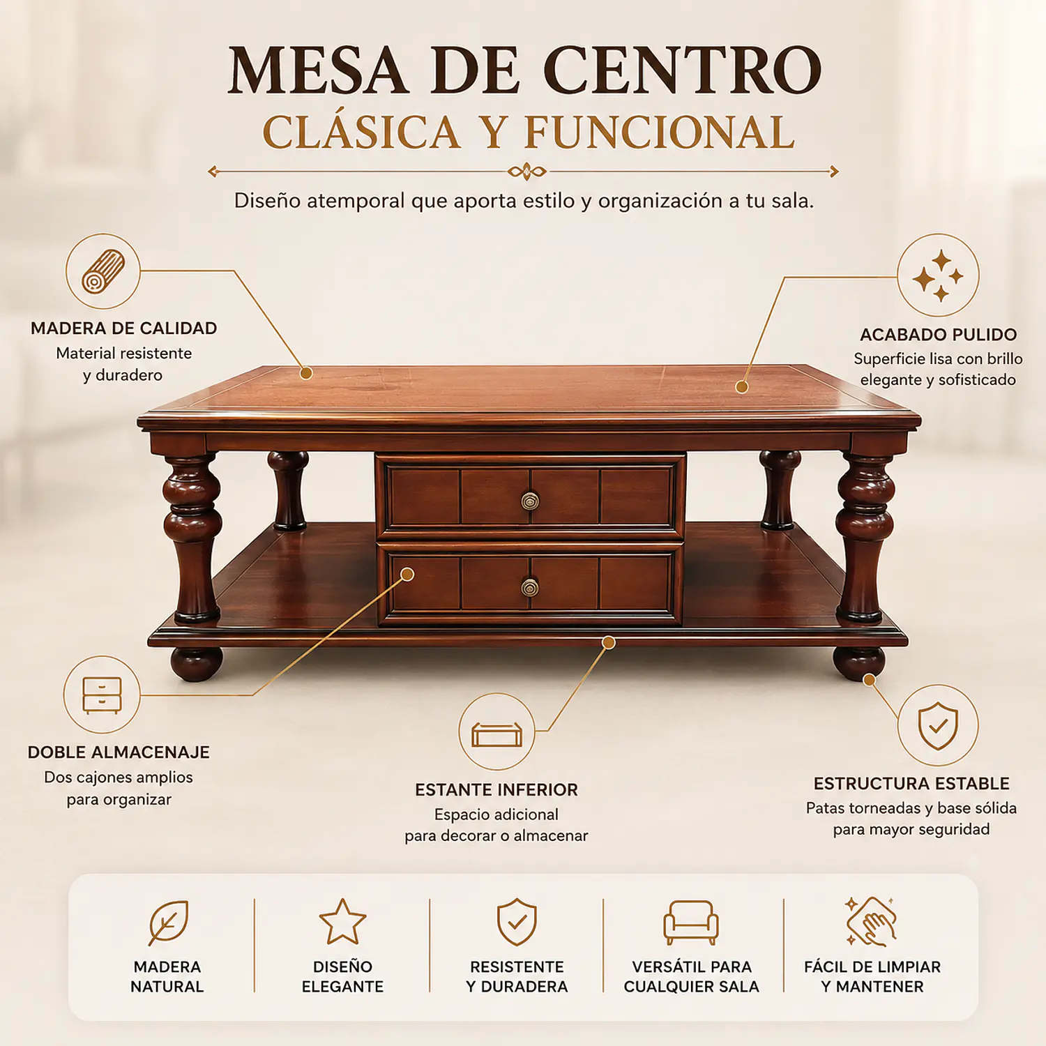 Mesa de Centro Clásica de Madera con Cajones y Estante Inferior 2