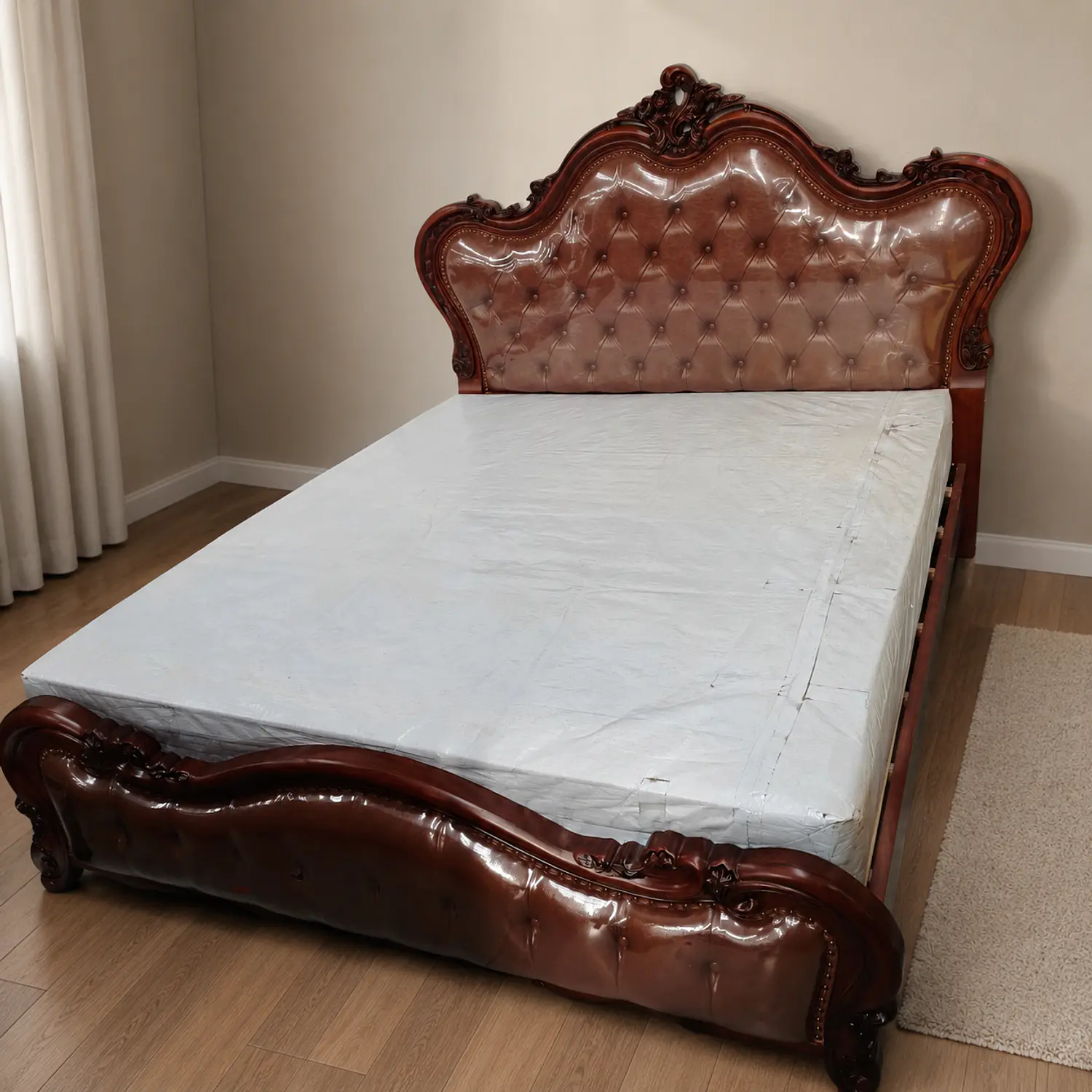 Cama Clásica de Madera de 2 Plazas Tallada con Tapizado Capitoné  2