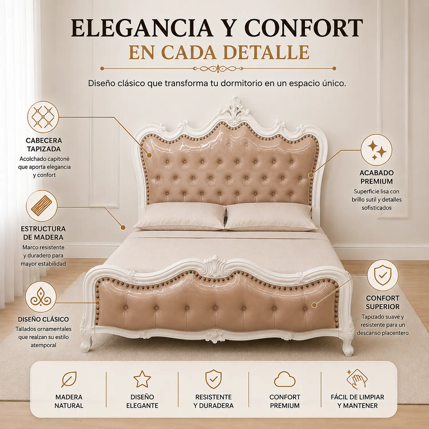Cama Clásica de Madera de 2 Plazas Tallada con Tapizado Capitoné  4