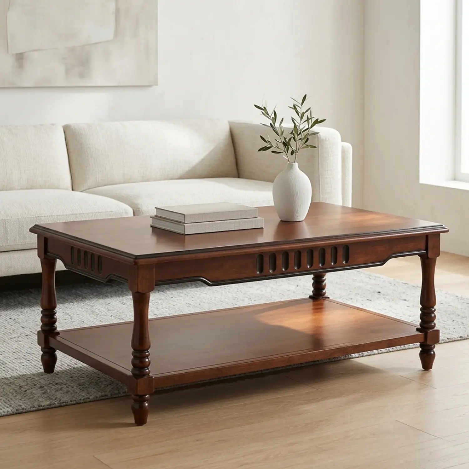 Mesa de Centro Clásica de Madera con Repisa Inferior para Living 1
