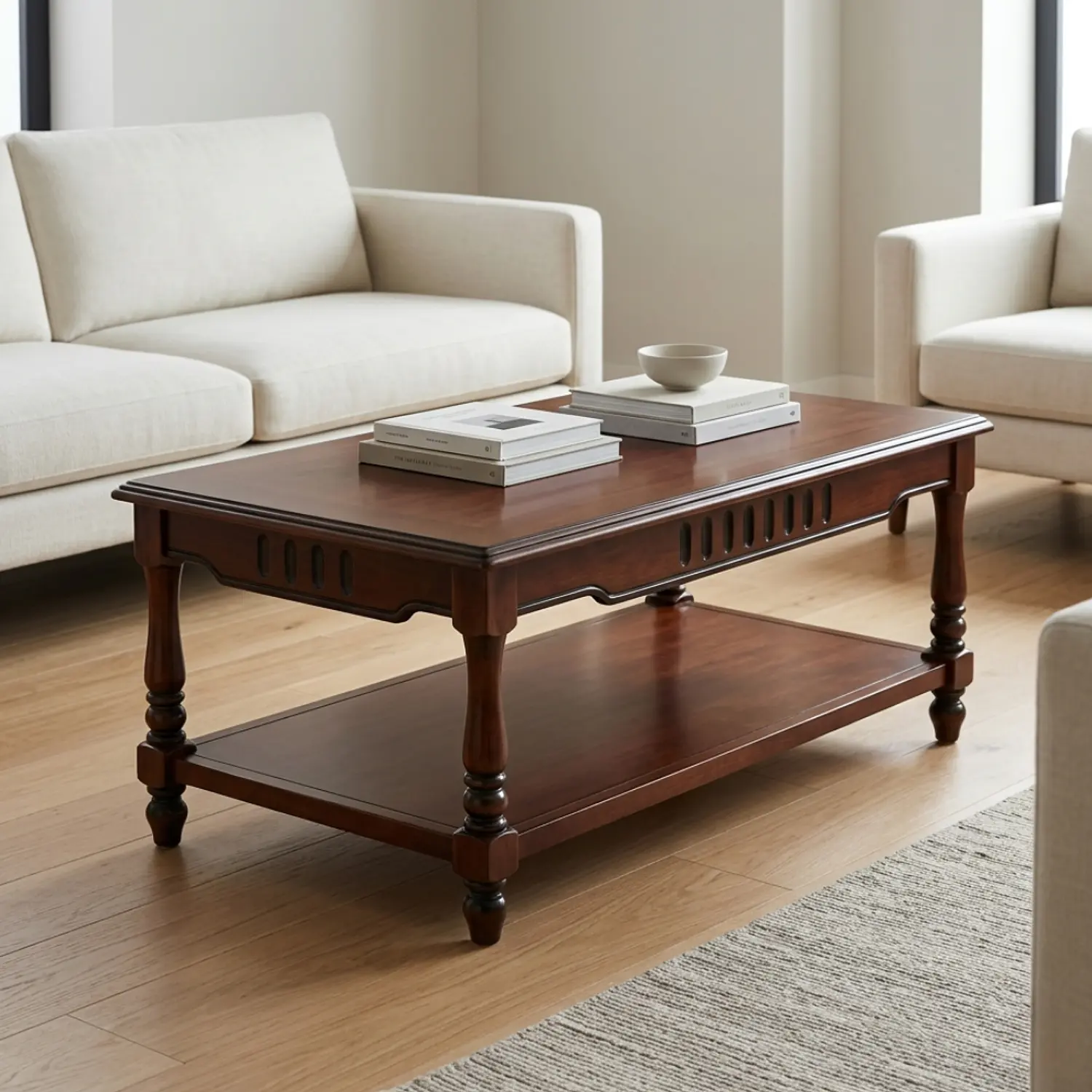 Mesa de Centro Clásica de Madera con Repisa Inferior para Living 4