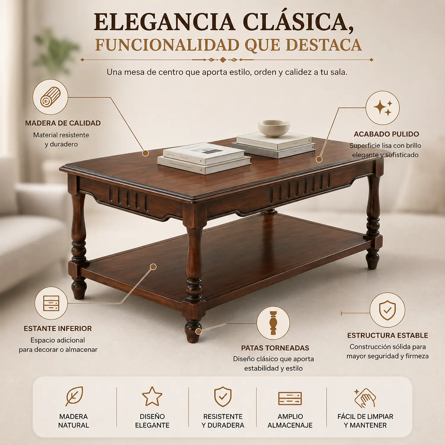 Mesa de Centro Clásica de Madera con Repisa Inferior para Living 2