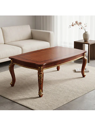 Mesa de Centro Clásica de Madera con Detalles Dorados para Living