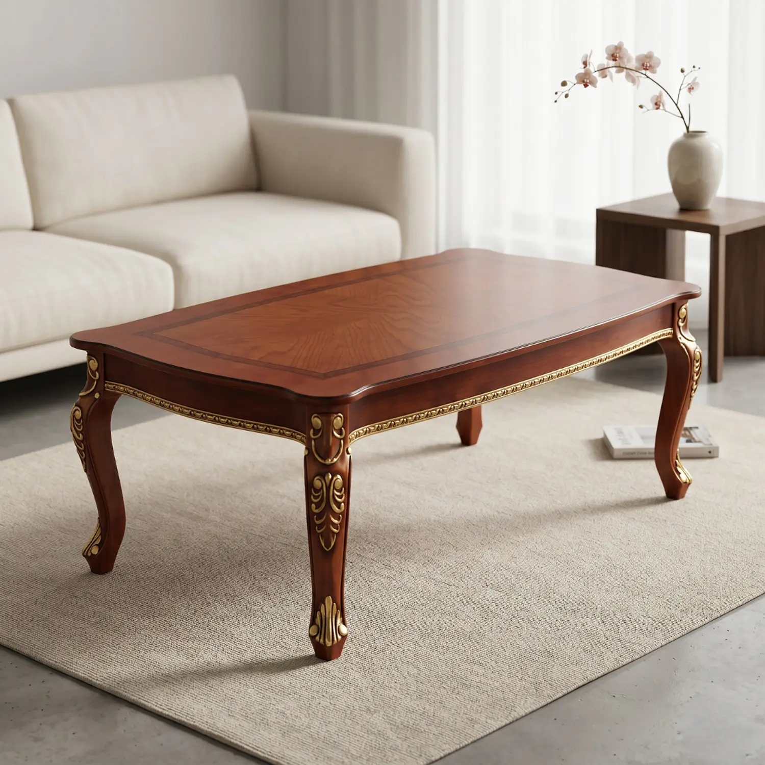 Mesa de Centro Clásica de Madera con Detalles Dorados para Living 1