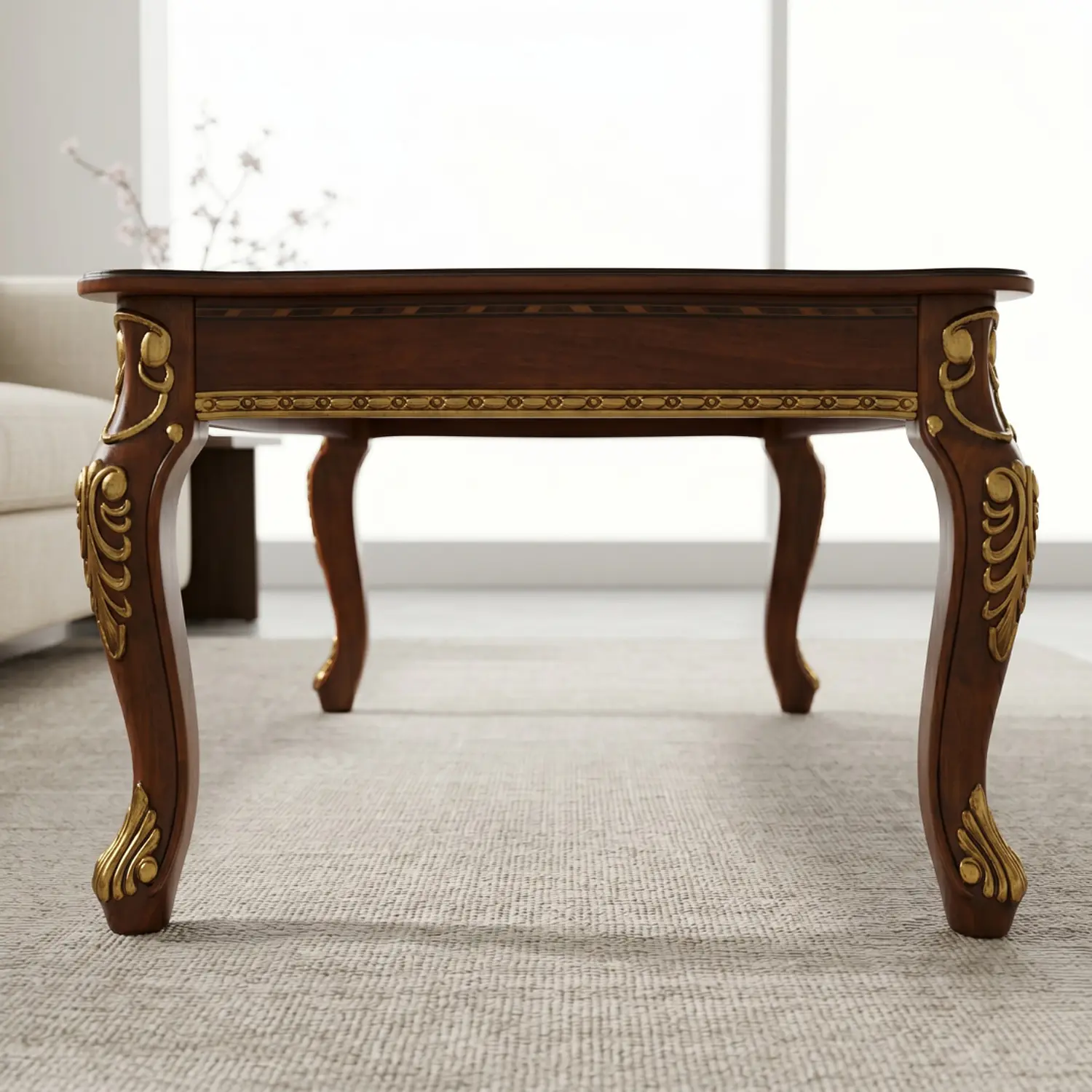 Mesa de Centro Clásica de Madera con Detalles Dorados para Living 3