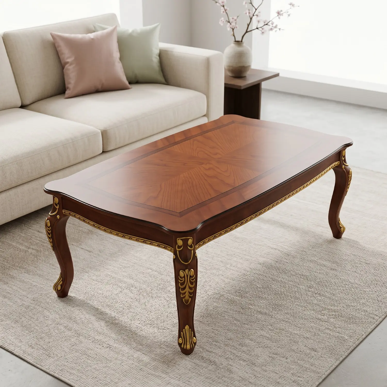 Mesa de Centro Clásica de Madera con Detalles Dorados para Living 4