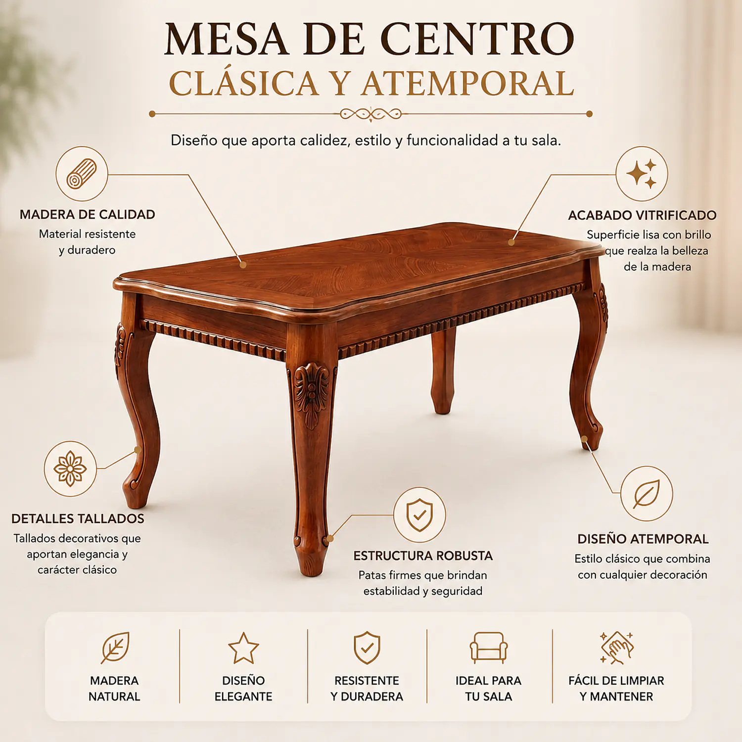 Mesa de Centro Clásica de Madera Tallada para Living y Sala de Estar 2