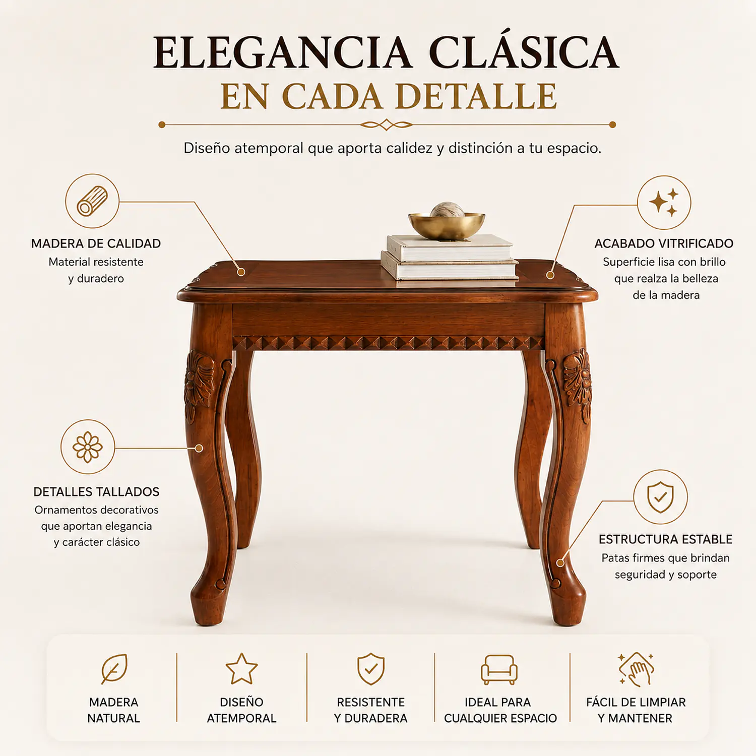 Mesa de Centro Cuadrada Clásica de Madera Tallada para Living y Sala 2